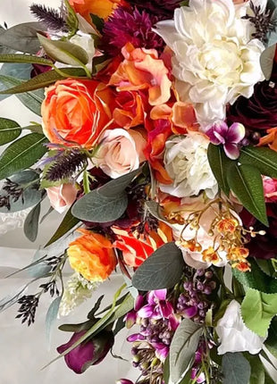 Artificial Wedding Flowers Orange, Plum, Ivory Teardrop Bridal Bouquet with Ca image 8