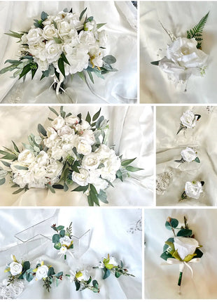 Artificial Roses, Peonies in White Ivory Round Spray Bridal Bouquet | Wedding Fl image 9
