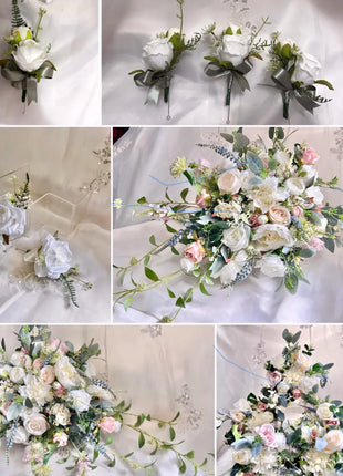 Wedding flowers in white|, blush, blue silk rose peony Cascading bride bouquet image 13