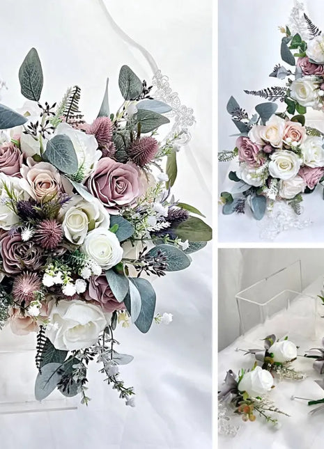 Artificial Wedding Flowers Blue Mauve, Ivory Thistle Round Spray Package 11pc image 0