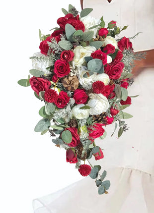 Silk Rose ranunculus Cascading Bridal Bouquet Wedding Flowers in reds, Ivory - Beaux Faux Flowers Shop