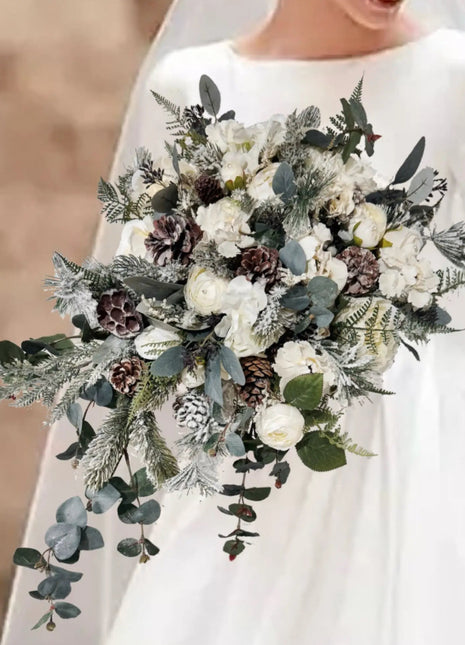 ÌWintry Christmas Cascade Bouquet, Ivory, Cream with Fir Cones, Spruce {{Product vendor}} 1'