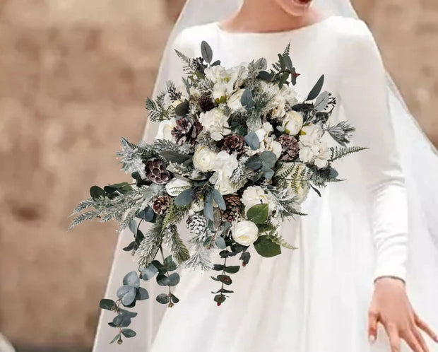 ÌWintry Christmas Cascade Bouquet, Ivory, Cream with Fir Cones, Spruce {{Product vendor}} 1'