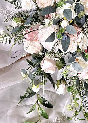 Silk Cascade  Bridal Bouquet Roses, Peony in Cream, pink, Ivory image 3