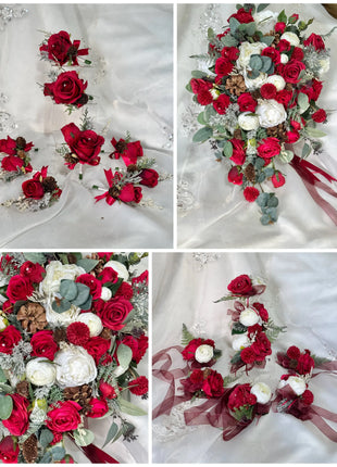 Silk Rose ranunculus Cascading Bridal Bouquet Wedding Flowers in reds, Ivory - Beaux Faux Flowers Shop