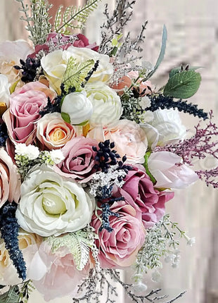 Silk Artificial Rose bouquet mauve, blush, navy, Ivory round  Bridal flowers image 5