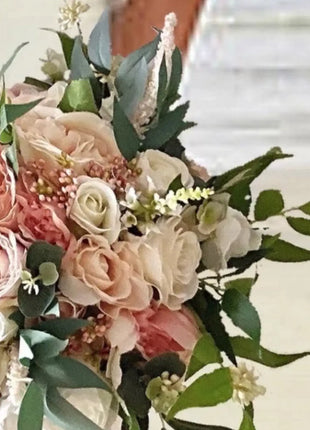 Spray bride bouquet in blush, Ivory, peach with peony, sweet pea, rose image 7
