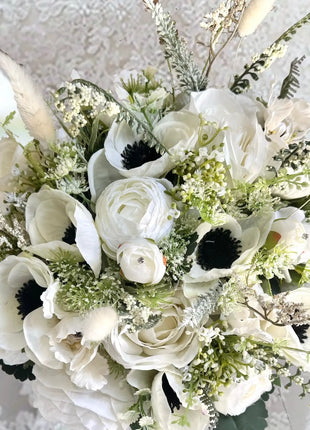 Silk Anemone, Roses in Cream White Ivory Round Spray Bridal Bouquet Wedding Fl image 1