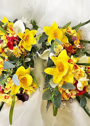 Silk daffodil, poppy  bouquet yellow, red, cerise, Ivory round  Bridal flowers image 2