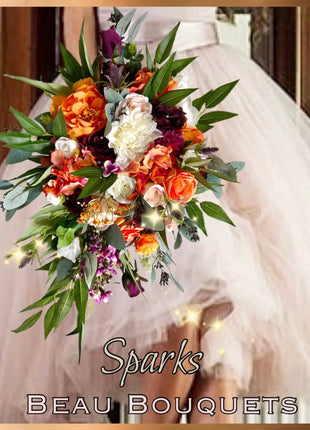 Artificial Wedding Flowers Orange, Plum, Ivory Teardrop Bridal Bouquet with Ca image 6