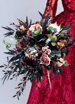 Silk Rose, black bamboo leaf Bride Bouquet Wedding Flowers | black, pink & Ivory image 6