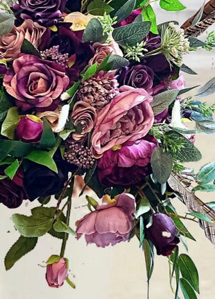 Scottish bridal bouquet with roses pheasant feather, dusky pink, red, Ivory image 2