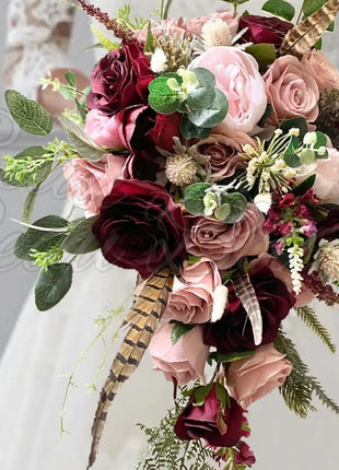 Scottish bridal bouquet, roses pheasant feather, dusky pink, burgundy image 1
