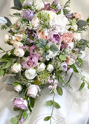 Silk Roses, hydrangea, Peony flowers -llac, pink, Ivory Teardrop Bridal Bouquet image 5