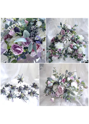 Silk Rose, lilacs bouquet -purple, mauve, Ivory round  Bridal flowers image 3