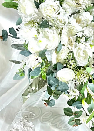 Artificial Roses, Peonies in White Ivory Teardrop Bridal Bouquet | Wedding Fl image 5