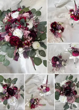 Artificial Silk Wedding loose round Bridal Flowers plum, burgundy with roses, thistles and eucalyptus Beaux Faux Flowers Shop
