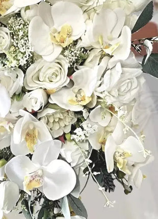 Cascading  White Bridal Bouquet with Rose, Orchid image 6
