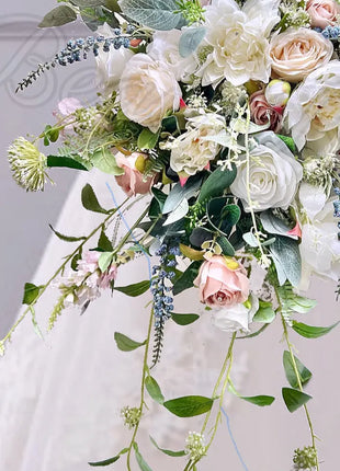 Wedding flowers in white|, blush, blue silk rose peony Cascading bride bouquet image 10