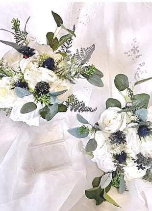 Scottish thistle, rose Bridal Bouquet, Artificial Flowers in White, Ivory, Blue image 2