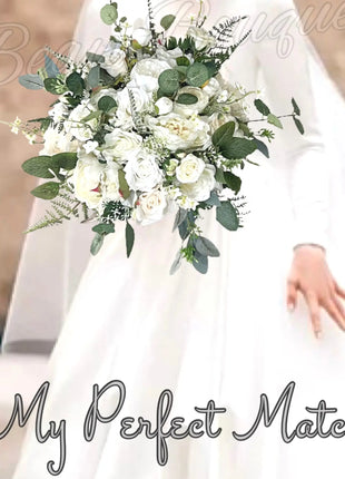 Artificial Roses, Peonies in White Ivory Round Spray Bridal Bouquet Wedding Fl image 0