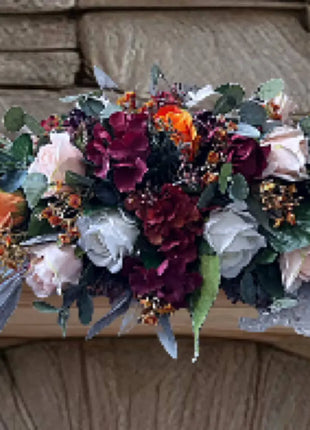 Scottish Table Arrangement with rustic roses, burnt orange, burgundy, cream Beaux Faux Flowers Shop