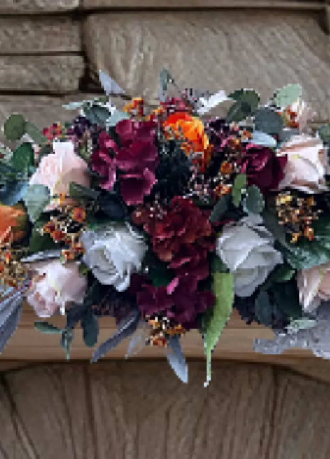 Scottish Table Arrangement with rustic roses, burnt orange, burgundy, cream Beaux Faux Flowers Shop