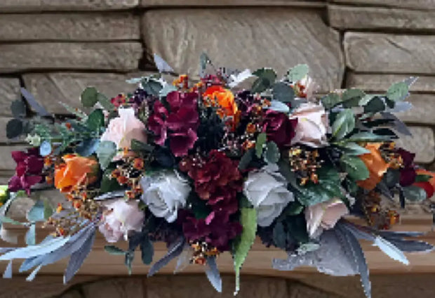 Scottish Table Arrangement with rustic roses, burnt orange, burgundy, cream Beaux Faux Flowers Shop