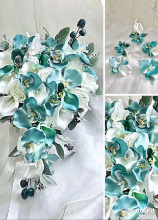 Bouquet of turquoise and white flowers with greenery on a white background