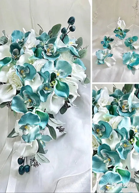 Bouquet of turquoise and white flowers with greenery on a white background