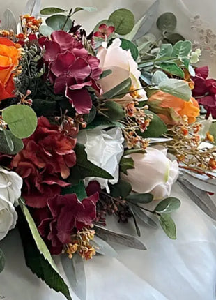 Scottish Table Arrangement with rustic roses, burnt orange, burgundy, cream Beaux Faux Flowers Shop