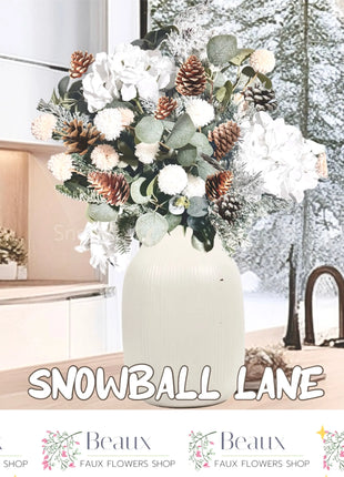 Winter  whites Floral vase decor with dahlia poms, hydrangea, Spruce pine cones  image 0