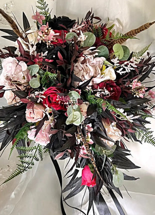 Silk Rose, black ruscus leaf Bride Bouquet Wedding Flowers in black, pink, Ivory image 6