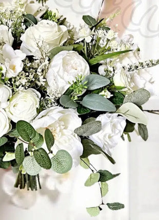 Artificial Rose, Peony in White, Ivory Round Spray silk Bridal Bouquet image 8
