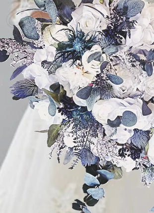 Silk Cascade Bridal Bouquet Roses, Peony in  Blue,  navy, Ivory image 7