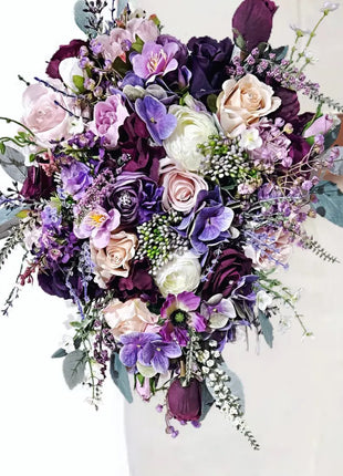 Silk Rose, lilacs bouquet purple, mauve, Ivory teardrop Bridal flowers image 6