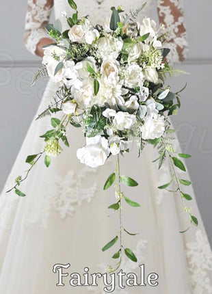 Artificial Wedding Flowers  Rose, peony in White Ivory Cascading Bridal Bouquet image 0