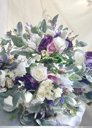 Silk Rose, lilacs, ranunculus bouquet-purple, mauve, Ivory round  Bridal flowers image 1