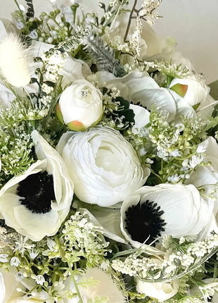 Silk Anemone, Roses in Cream White Ivory Round Spray Bridal Bouquet Wedding Fl image 6