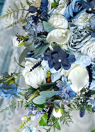 Silk Cascade  Bridal Bouquet Roses, Peony inBlue,  navy, Ivory image 9