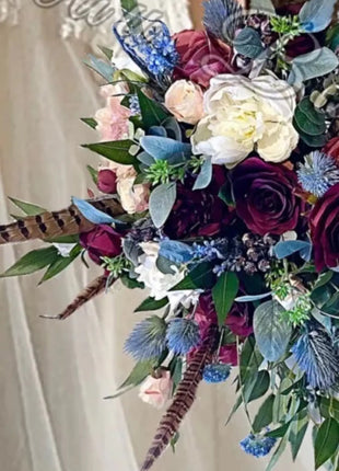 Wedding Flowers Pheasant Feather, Blue, Burgundy with rose Bridal Bouquet image 7