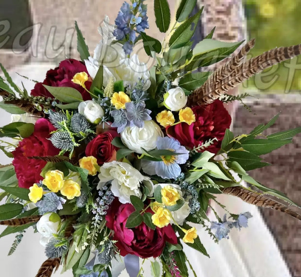 Scottish bridal bouquet with roses pheasant feather, blue ,yellow, red, Ivory image 6