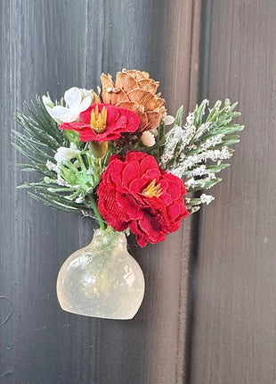 Flower fridge magnet gift wedding favour in  wintry reds with glass vase image 0