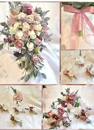 Teardrop Bridal Bouquet, Artificial Wedding Flowers Burgundy, Pink ivory image 1