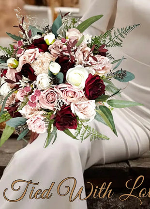 Silk Artificial Rose bouquet, dusky pink, burgundy  round  Bridal flowers image 0