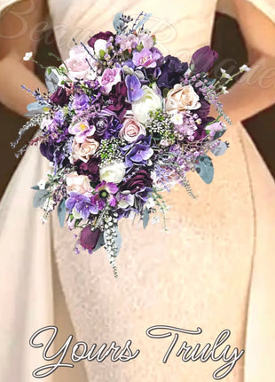 Silk Rose, lilacs bouquet purple, mauve, Ivory teardrop Bridal flowers image 0