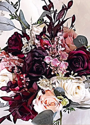 Silk Rose, pheasant feather Bride Bouquet Wedding Flowers | black, pink & Ivory image 3