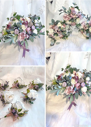 Silk Roses, dahlia, Peony bouquet -llac, pink, mauve, Ivory oval Bridal flowers image 2