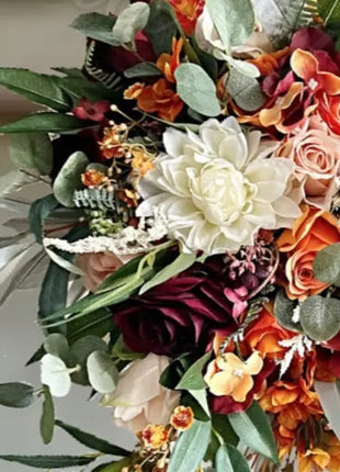 Artificial Wedding Flowers: Orange, Plum & Ivory Teardrop Bridal Bouquet with Ca image 3