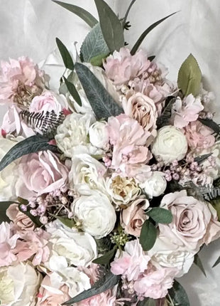 Cascading white pink silk flower Bridal Bouquet close up